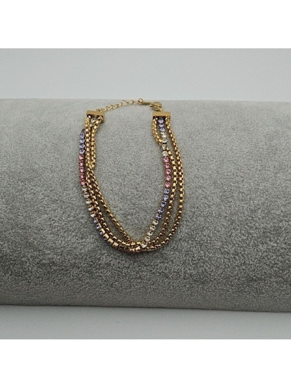 Elegant 18k Gold Plated Stainless Steel White, Pink, and Purple Stone Bracelet